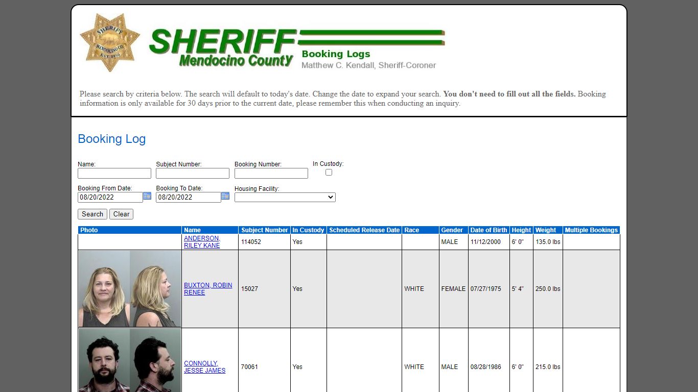 Booking Log - Mendocino County Sheriff's Office